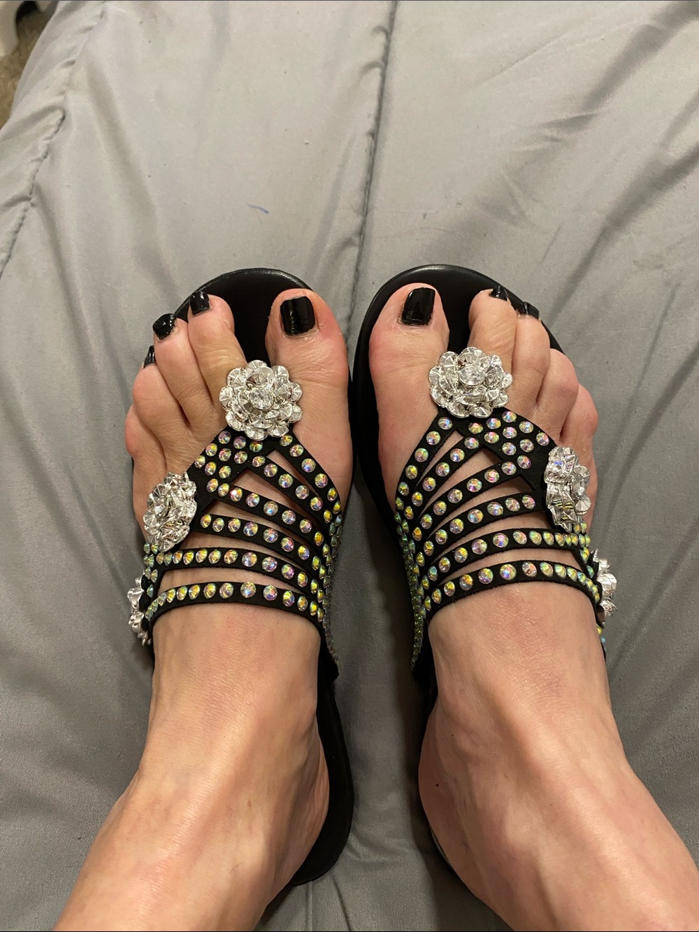 Black Jeweled Floral Slide Sandal
